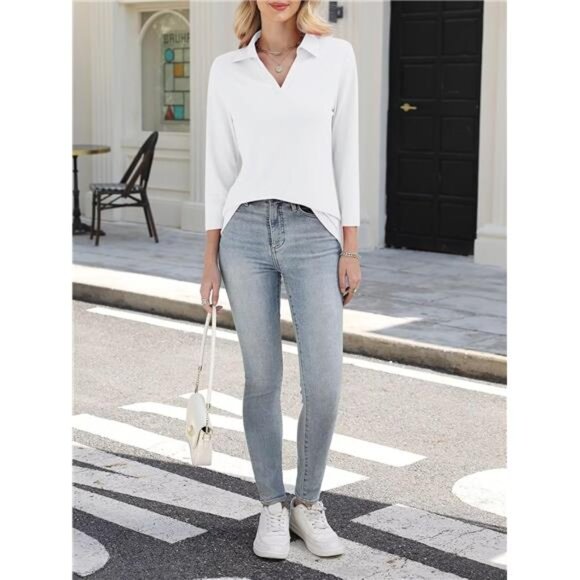 Women's 3/4 Sleeves V Neck Polo Shirts Casual Summer Tops Basic - Picture 5 of 7